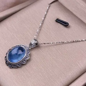 Sterling Silver S925 Aquamarine Pendant - Vintage, Dainty & Elegant Devil's Sea Blue Design, Fashionable Temperament Necklace for Women Hexagonal Quartz Crystal Pendant Necklace
