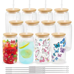12 Pack Sublimation Glass Cups Blanks with  Lid 16 OZ Clear Glass  Cans Mason Jar for Iced Coffee Juice Soda Drinks
