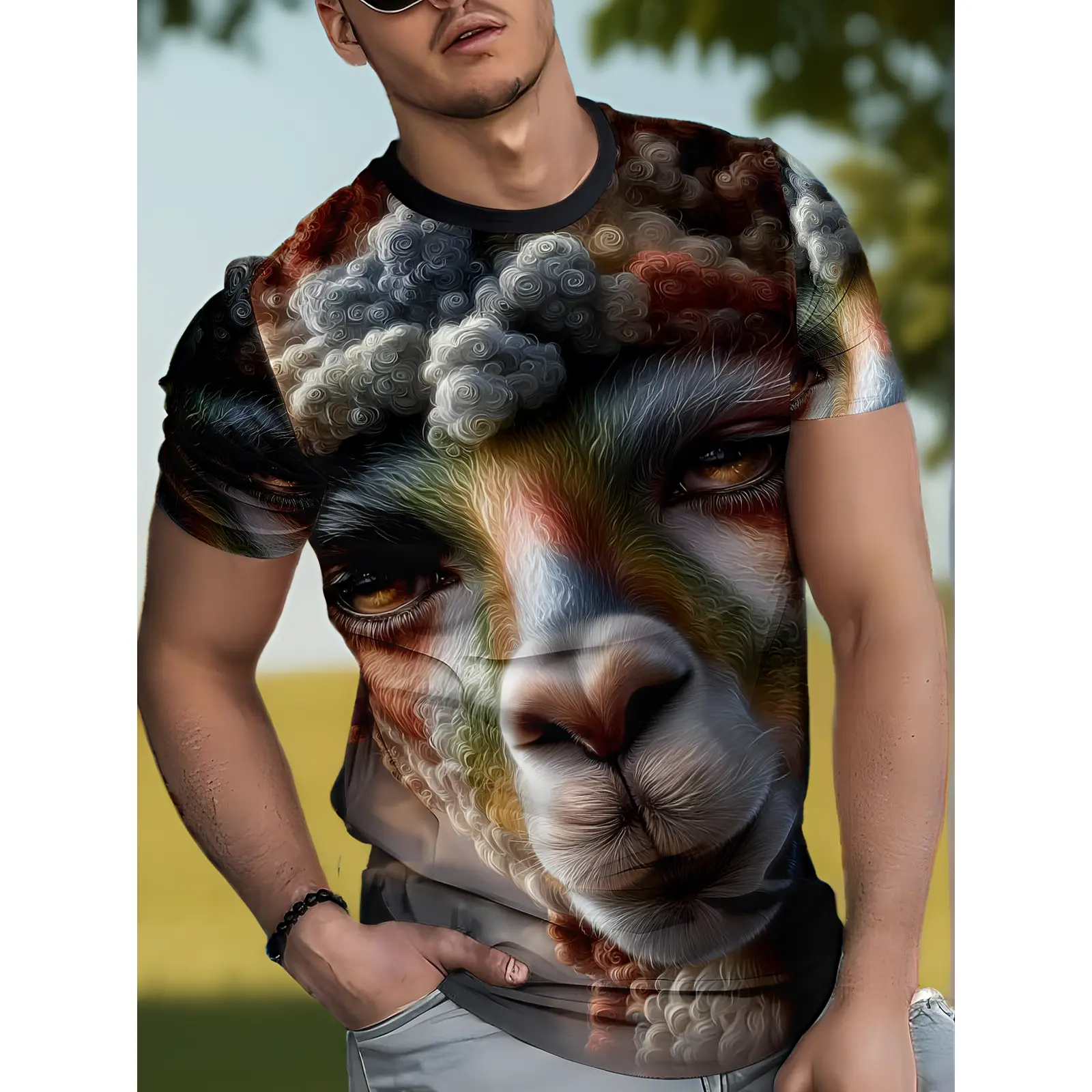 New Style Colorful Alpaca, Big Eyes, Curly Hair, Couple Style Shirt, Fashionable Men'S Brand New Pattern, Durable And Comfortable T-Shirt, Plus Size