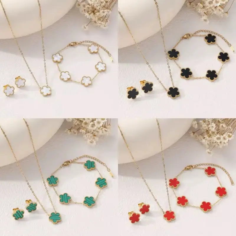 3 Pcs Plum Blossom Plant Five-leaf Flower Necklace Bracelet Earrings • Stainless Steel Jewelry Set Gift for Women • Gift for Her