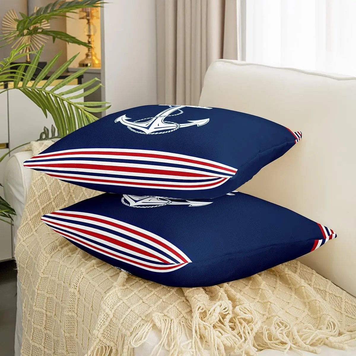Feelyou 18in x 18in Anchor Motif Striped Cushion Slipcovers - Set of 2 Nautical Square Zipper Cushion Covers, Double-Sided Blue Print, Removable Zip, Soft Machine-Washable, Bedroom Decor for Sea Enthusiasts
