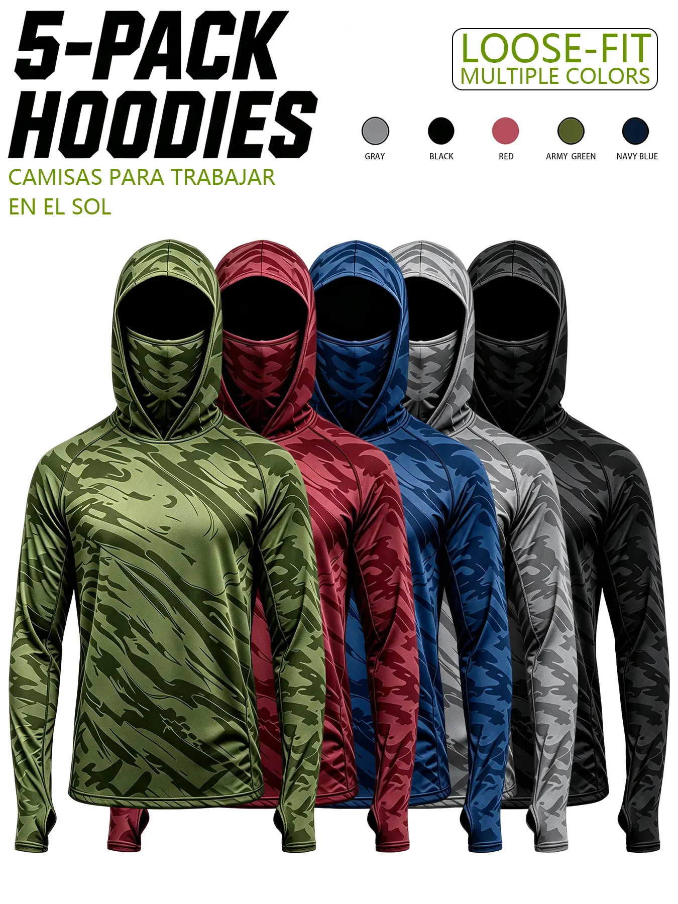 Men's 5-Pack Slim Fit Performance Hoodie Shirts with Built-in Face Mask & Hood - Moisture-Wicking, Breathable, Sun-Protective Long-Sleeve Athletic Polyester Clothes for All-Seasons, Gym, Running