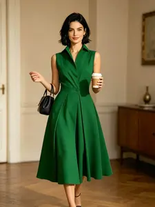 A fashionable, Elegant French style sleeveless shirt dress for women in summer. The waist is cinched to show off weight and the long skirt is suitable for birthday parties, cafes, small gatherings, light business occasions