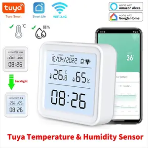 Tuya 2.4G WiFi Temperature Humidity Sensor With LCD Screen Hygrometer Thermometer Detector Smart Life Remote Control Support Alexa Google Home Voice Contril Mobile Remote Monitoring （No Battery Inside)