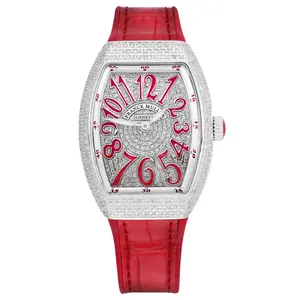 Franck Muller Vanguard V32 Quartz Stainless Steel Aftermarket Diamond Pave Case & Dial Red Arabic Numerals Leather Strap Ladies Watch WHP039241