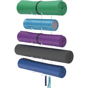 Wallniture Guru Yoga Mat Holder - Wall Mounted with 3 Hooks for Yoga Strap and Resistance Bands, 5-Sectional Metal Design Organizer for Home Gym & Studio