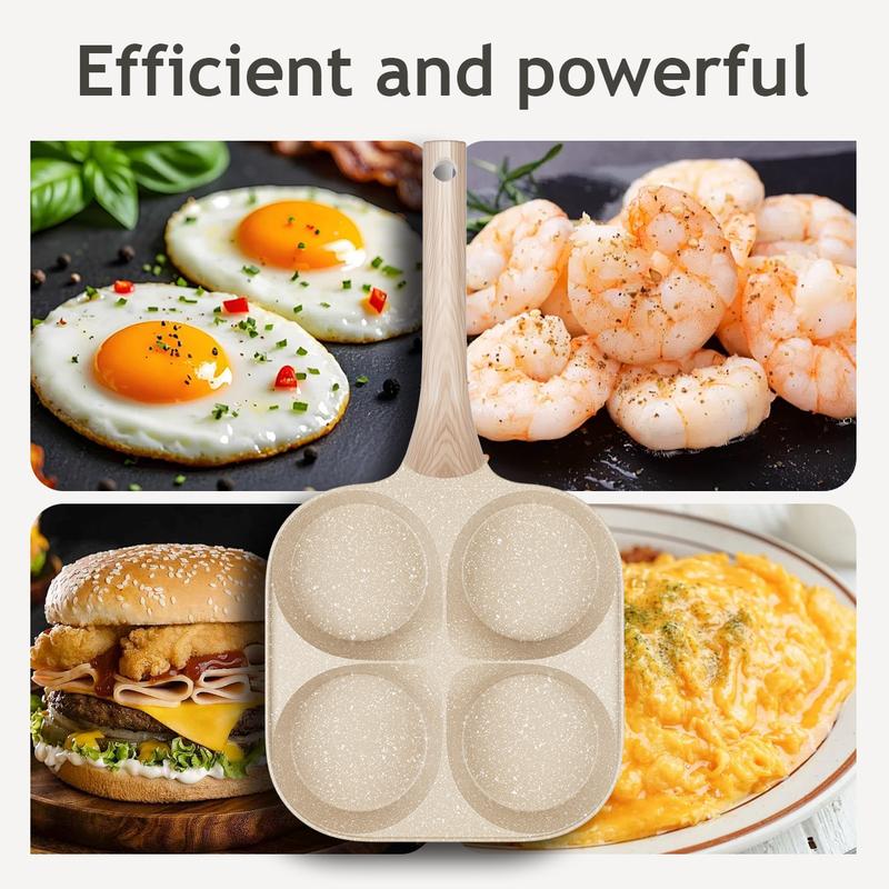 Non-stick Egg Frying Pan 4 Holes Skillet – Multifunctional 4-Cup Breakfast Maker, Medical Stone Marble Coating, Wooden Handle Pancake Omelet Burger Pan for Gas Induction Electric Ceramic Stoves