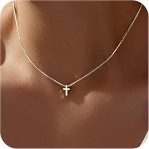 Yoosteel Cross Necklace for Women Girls Dainty 14K-Gold-Plated Cross Choker Pendant Simple Tiny Cute Christian Baptism Religious Faith Jewelry Gift for Teen Girl Women