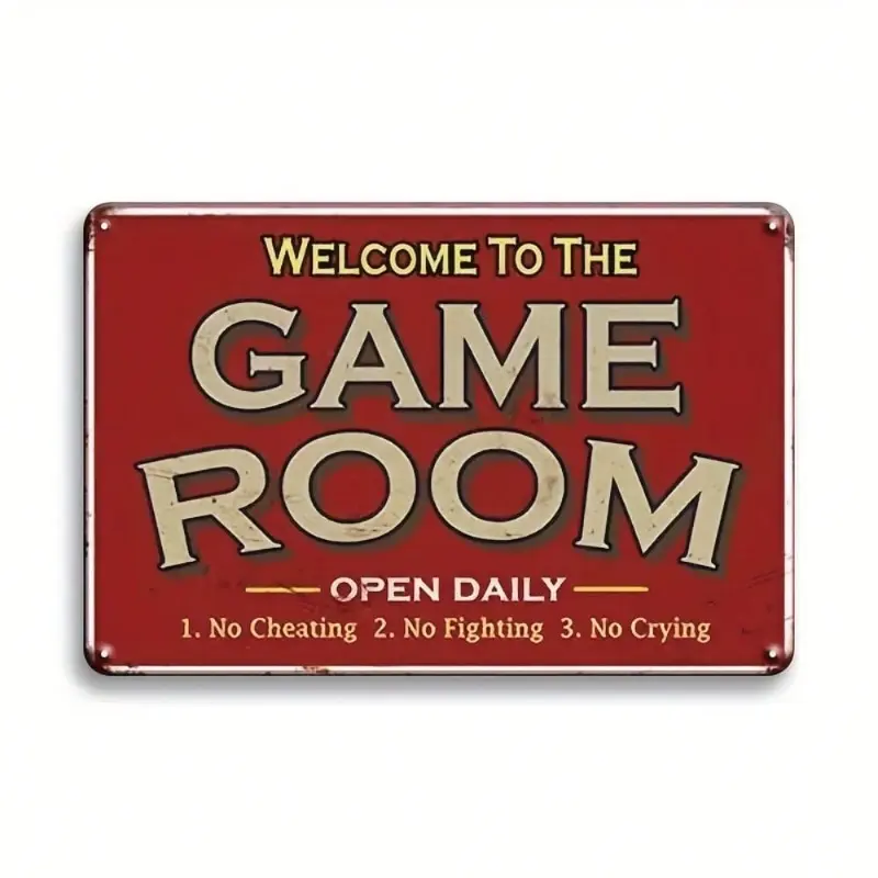 Vintage Aluminum Arcade Game Room Sign 12x8 Inch Retro Wall Decor with Humorous Rules Durable Aluminum Hanging Plaque for Home Gaming