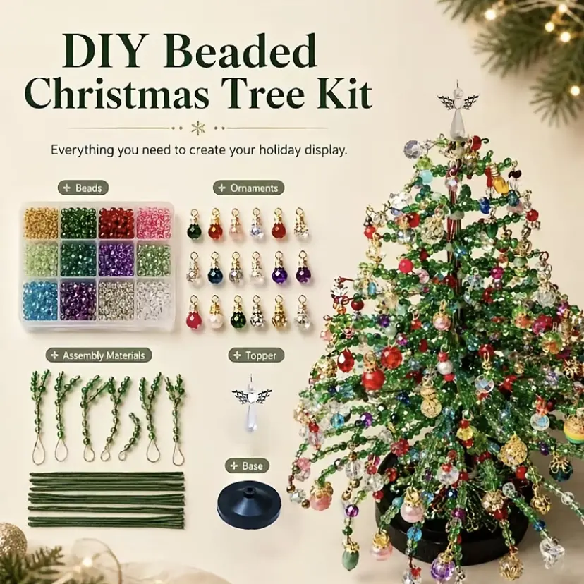DIY beaded Christmas tree kit, handmade mini crystal bead Christmas tree craft set, complete set of accessories for making Christmas decorations, including beads, angel tree topper, base, and various accessories, desktop holiday ornament, fun hands-on act