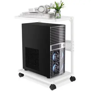 2-Tier PC Tower CPU Stand with Locking Caster Wheels, Iron-White Computer Tower Holder for Office & Home Use
