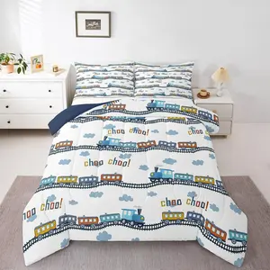 Colorful Train Comforter Set,Cartoon Car Bedding Set,Blue Train Tracks Cloud Quilt Set for Kids Boys Girls Teens Room Decor Transportation Vehicles Duvet Insert