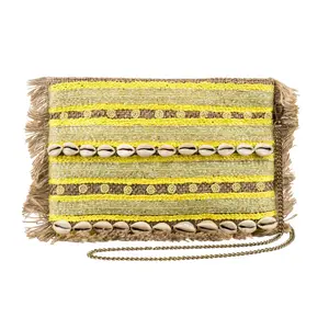 Alex Max Moku Cowrie Seashell Beaded Jute Clutch Crossbody, Yellow