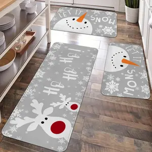 2/3pcs Christmas kitchen carpet floor mat, simple snowman, cute reindeer, snowflake pattern flannel non slip floor mat, suitable for holiday kitchen, room Christmas decoration floor mat, Home Decorative Rug