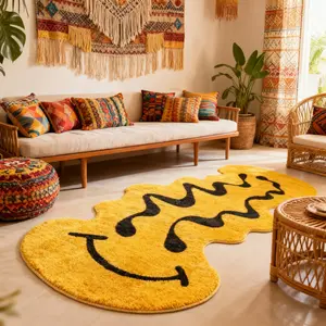 Unusual Shape Fashion Smiley Face Decorative Carpet, Pop Art Style Foldable Plush Rug, Modern Indoor Rug, Easy Care Mat for Living Room Bedroom Corridor Kitchen