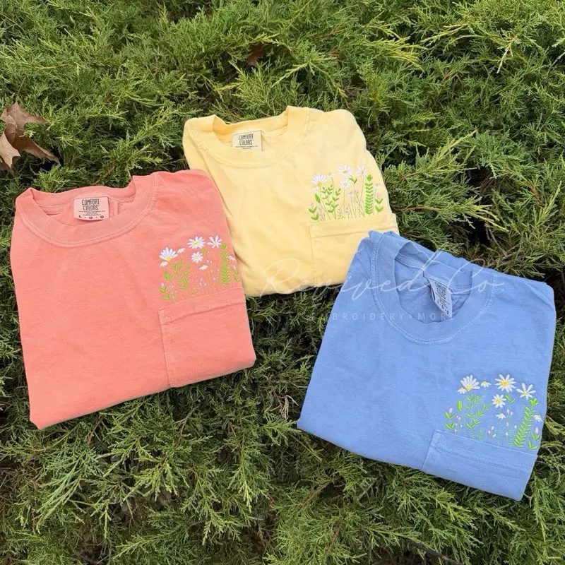 Embroidered Flower Pocket T-Shirt Comfort Colors Floral Gift Spring Wildflower Top Unisex