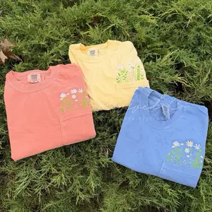 Embroidered Flower Pocket T-Shirt Comfort Colors Floral Gift Spring Wildflower Top Unisex