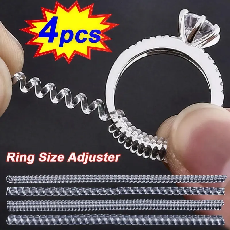 Ring Size Adjusters, 4-Pack Transparent Spiral Guards for Loose Rings - Smooth, Fading-Free 10cm TPU Coil Sizer, Safe and Easy to Wear, Invisible, Thin Round, Will Not Fade, Thick Flat, No, 4X Ring Size Adjustment Tool