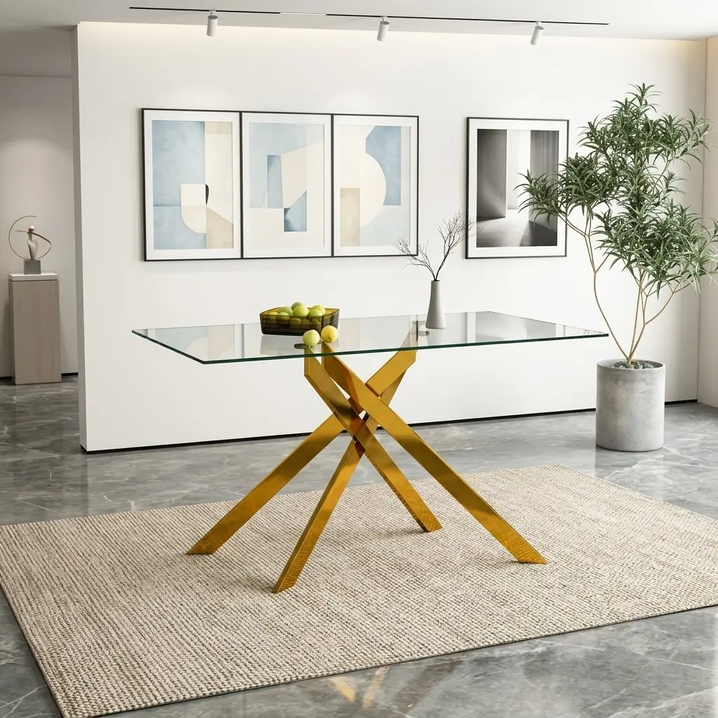 51.18 Inch Rectangular Clear Tempered Glass Dining Table, Modern Stylish Kitchen Dinner Table with Golden Metal Legs, Luxury Home Furniture for Dining Room Living Room Decor
