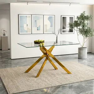 51.18 Inch Rectangular Clear Tempered Glass Dining Table, Modern Stylish Kitchen Dinner Table with Golden Metal Legs, Luxury Home Furniture for Dining Room Living Room Decor