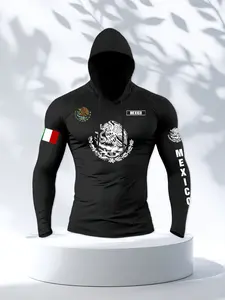Men's Mexican Theme Letter Flag Print Hooded Long Sleeve T-Shirt, Sporty Fitted Casual Fit, Comfortable, Suitable for All Seasons