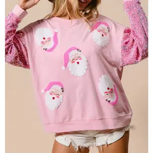 Woman's Santa Christmas Sequined Patchwork Sweatshirts long sleeve crewneck pullover Festival Holiday hoodies Sparkly Printed Xmas Sequin Long Sleeve Pullover Hoodies