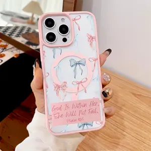 Stylish Magnetic Compatible iPhone Case Bow & Text Pattern Design | Trendy Silicone Lightweight Fashionable Shockproof Cover (for 17 Pro Max / 16 / 15 / 14 / 13 / 12 / 11 / XS / XR)