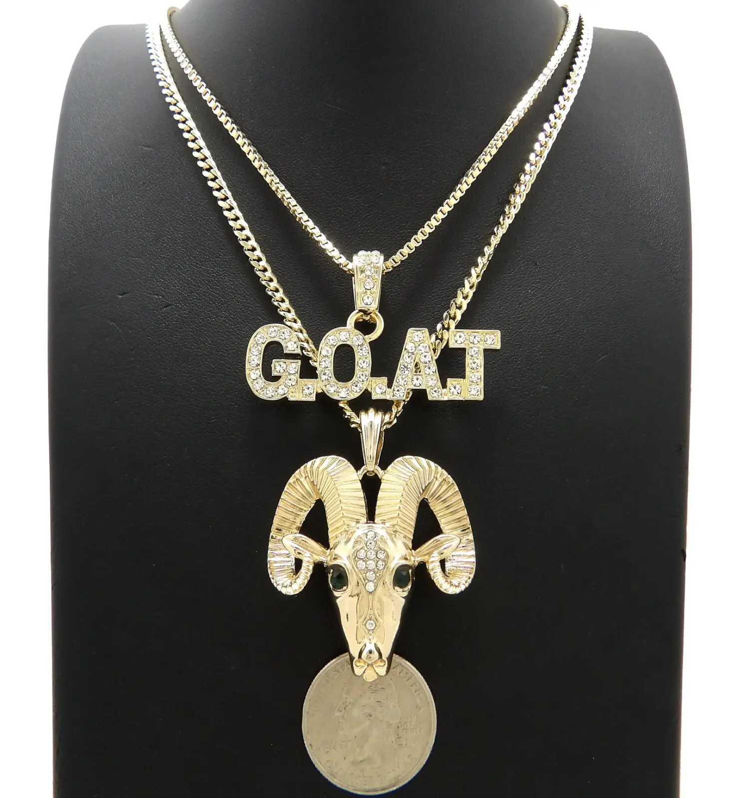 Iced Goat Head & G.O.A.T Letters Pendant w/ 20" 24" Box Cuban Chain Hip Hop Jewelry Necklace Set 14K Gold Silver Plated Cubic Zirconia