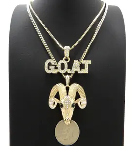 Iced Goat Head & G.O.A.T Letters Pendant w/ 20" 24" Box Cuban Chain Hip Hop Jewelry Necklace Set 14K Gold Silver Plated Cubic Zirconia