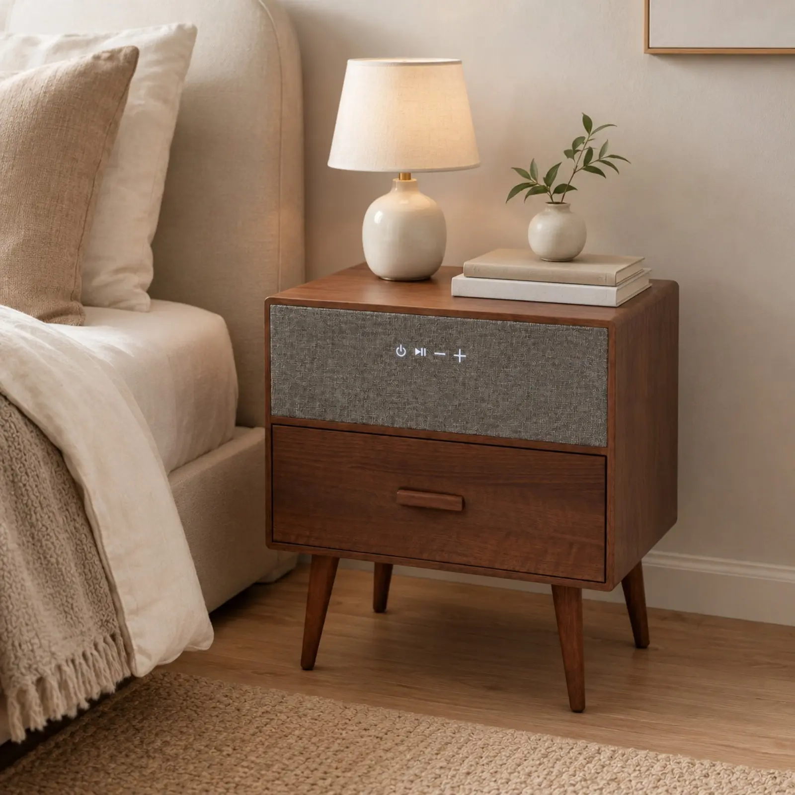 Smart Nightstand with Wireless Charging & Bluetooth Speaker, Walnut Bedside Table with Drawer, Modern Wood End Side Table for Bedroom