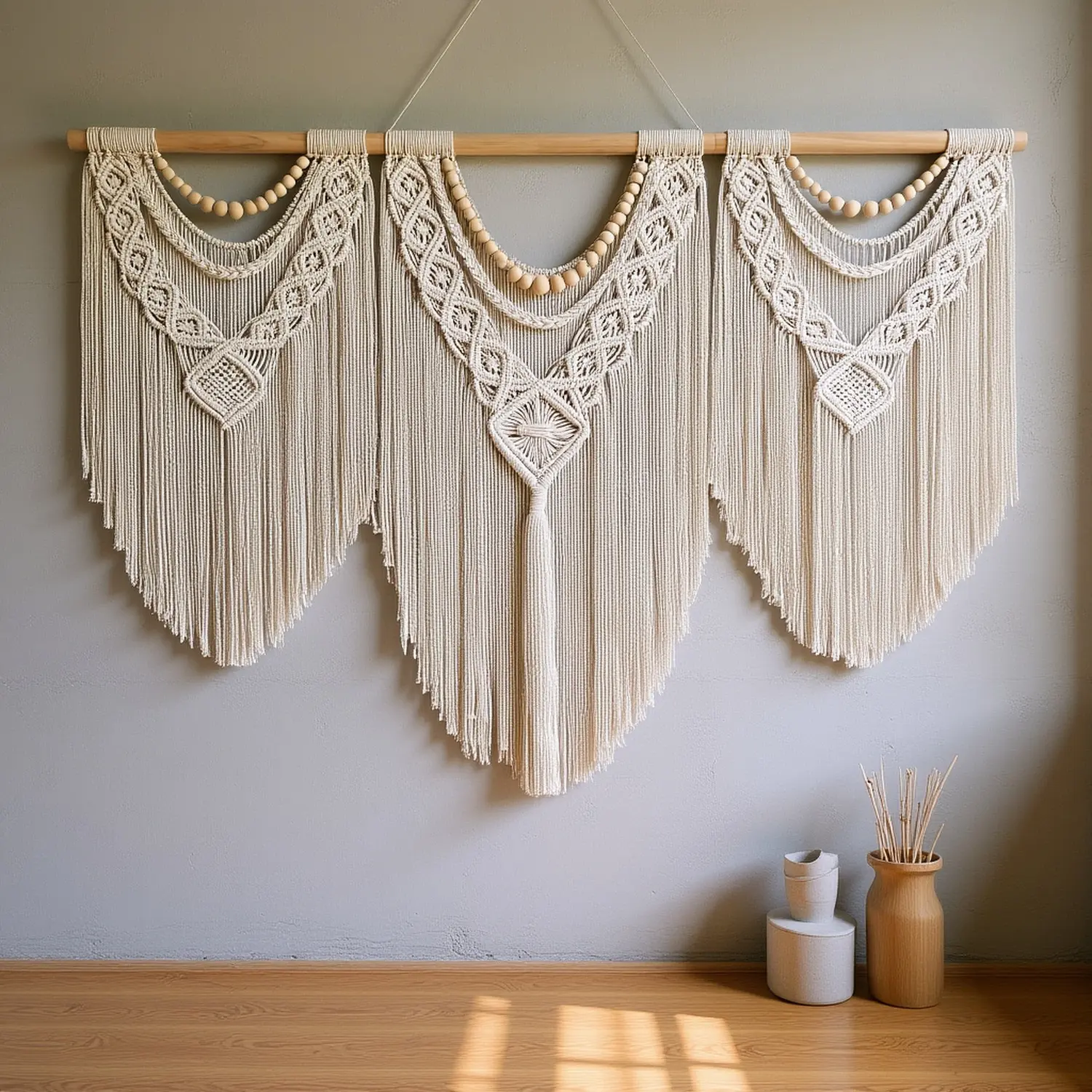One Piece of a Large Bohemian Macrame Wall Hanging, a Hand- Tapestry for Home Decoration, Suitable for Bedrooms, Living Rooms, And Wedding Parties, Measuring 43 Inches by 32 Inches.