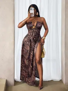 Wild Leopard Print Dress, Extreme Sexy Halter Top, Hollow Out Metal Decoration, Waist Cinching Split Design, Retro Party Dress, Fashion