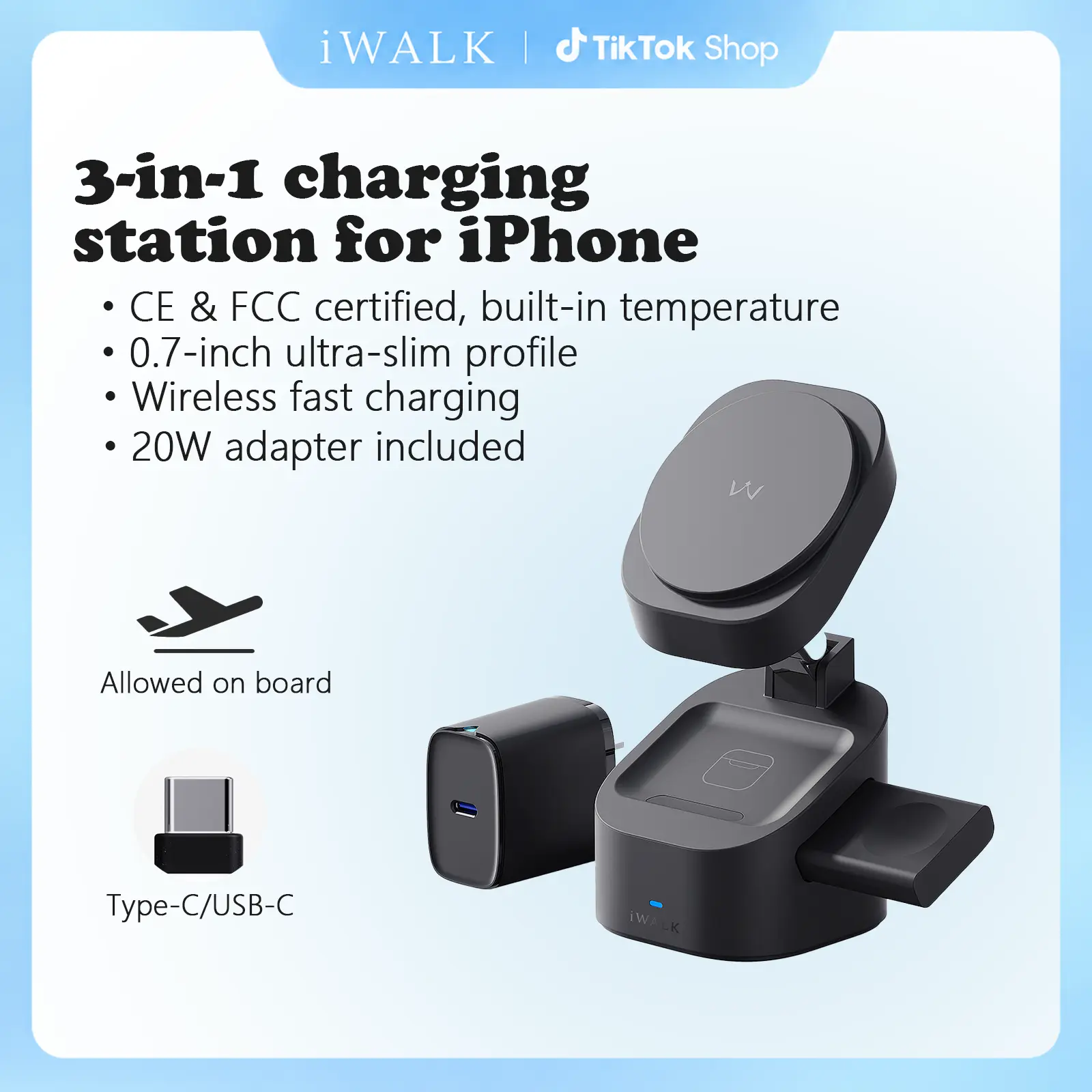 iWALK Lightweight 3-in-1 Magnetic Wireless Charging Station Mount - 15W Fast Charging Solution, Compact Multi-Device Charger, Foldable Stand, USB-C Adapter, 120° Adjustable Angle, 25° Tilt, Desk Setup, 18-Month Support for Smartphones