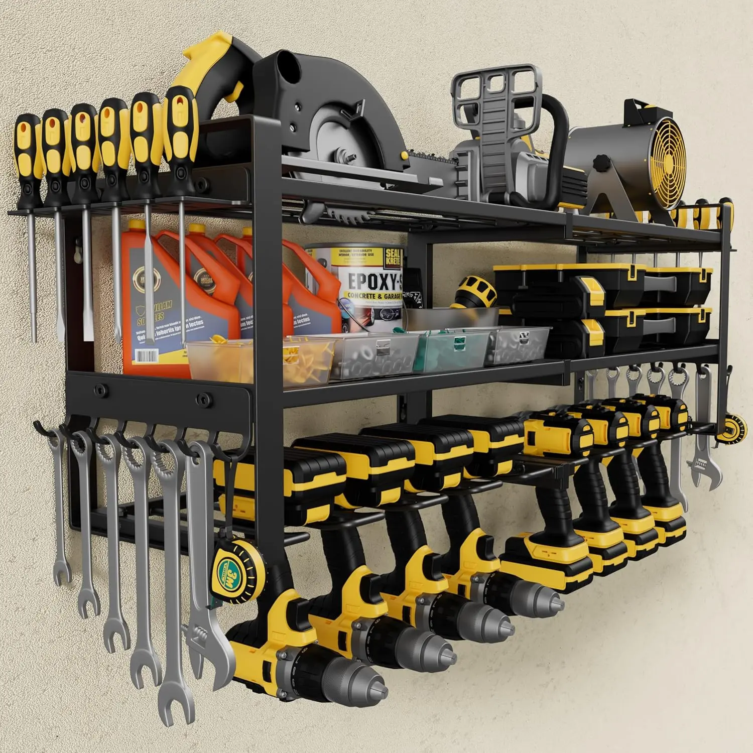Power Tool Organizer Wall Mount |350lbs Garage Tool Storage Rack with 6 Cordless Drill Holder |3-Tier 32''W Heavy Duty Garage Organization |Fathers Day Dad Gifts for Men