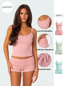 LUMENNEST Women's Minimalist Thin Strap Solid Color Lace Trim Camisole & Folded Waist Shorts Co-ord, Basic Top & Stretch Shorts Ribbed Two Piece Outfits