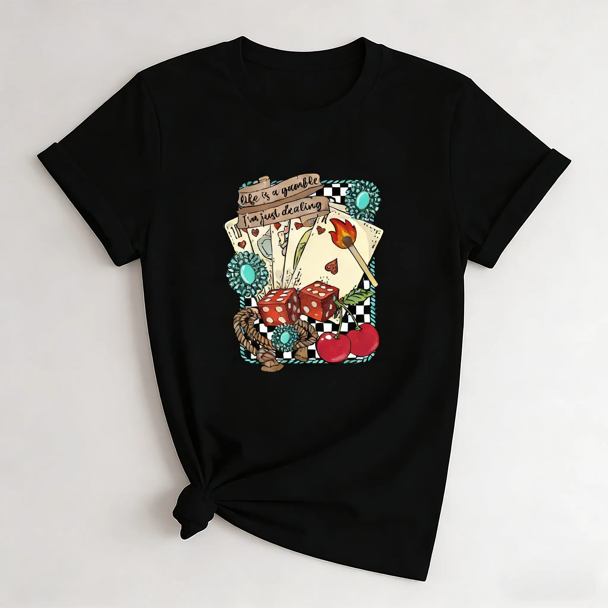 Women's Retro Western Graphic Oversized Tshirt - Soft Cotton Fabric, Relaxed Fit Streetwear Round Neck Top, Short Sleeves, "Life is a Gamble" Print, Hand Wash Safe, Casual for Sports & Outdoor Use (Check Size Chart)