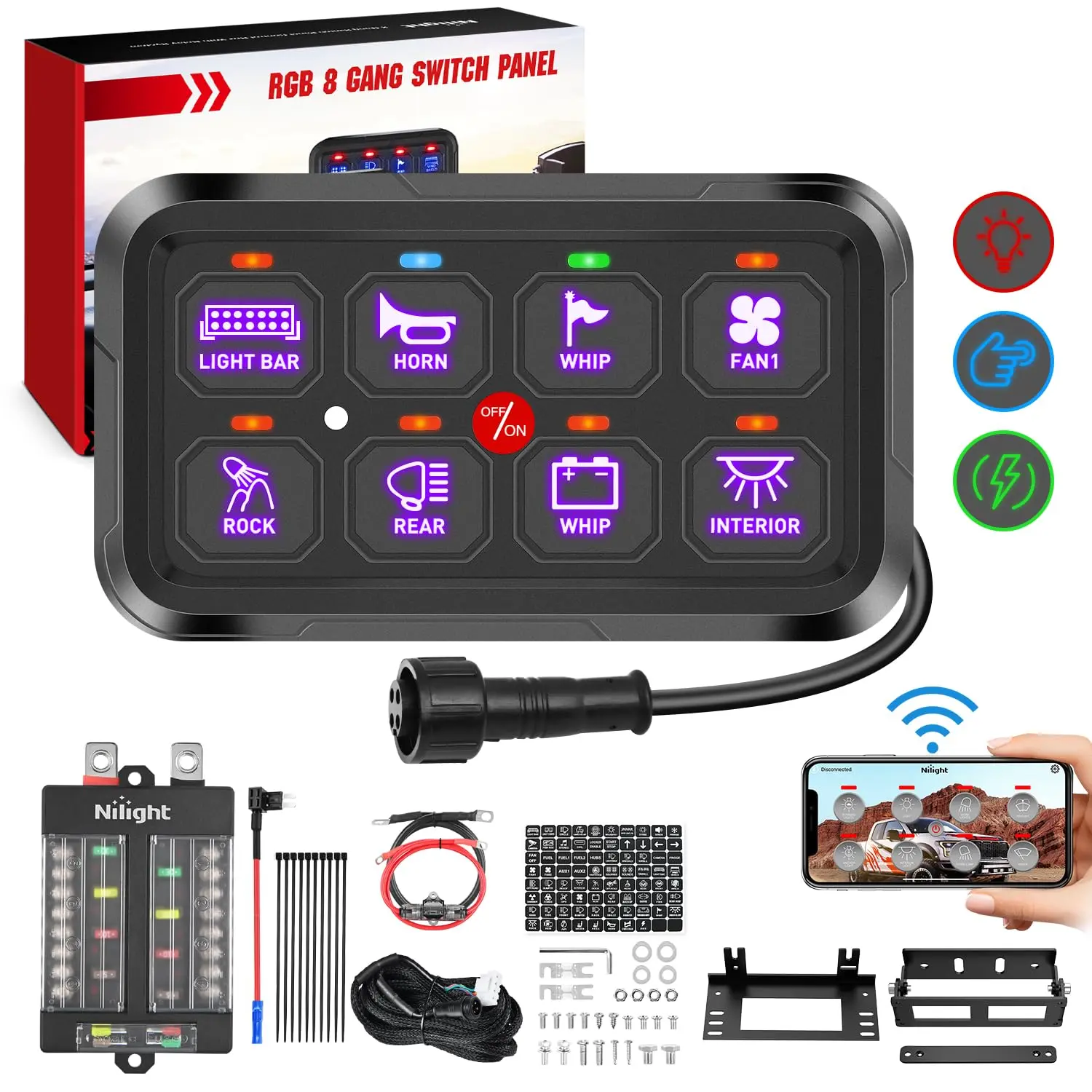 Nilight 8-Gang Compact Switch Panel Circuit Control System - 12-24V DC Waterproof Box, Blade High-Power Solid-State Relays, Bluetooth APP Control, RGB Backlight, Pre-Assembled Fuse Power Cable & Extension Wiring Harness, Auto-Dimming Light, 1200W for Cars