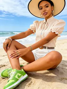 Coquette Fresh Mint Striped Puff Sleeve Beach Resort Blouse Vintage French Lazy Vibe Mint Striped Tie-Neck Vacation Shirt Chill Coastal Casual Mint Striped Puff Sleeve Resort Blouse