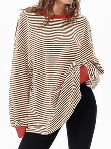 Women's Casual Striped Block Cotton Tunic Top - Long Sleeves, Round Neck, Loose Baggy Fit, Fall Style, Lady Multi-Size Crewneck Sweatshirt
