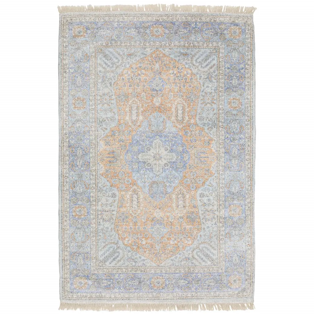 5x8 ft Rectangle Hand-Loomed Oriental Motif Fringed Multicolor Rug - Blue & Red, Stain Resistant, Vintage Modern Bohemian Vibe, Home Decor Rugs, Living Room Decor, Indoor Use