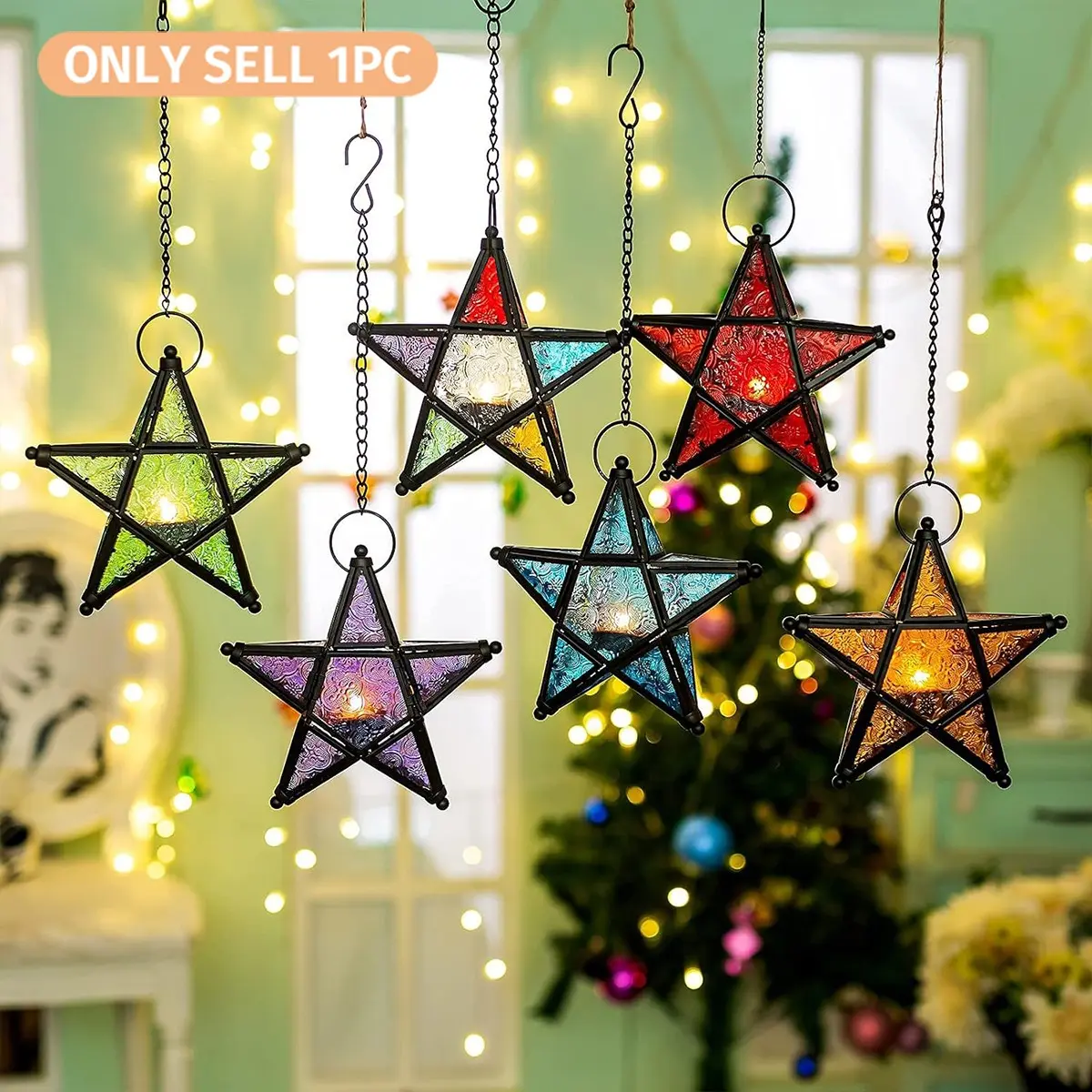 European Vintage Iron Art Candle Holder with Colorful Glass Star Design, Windproof Hanging Decor for Home Bar Restaurant Gift, Interior Wall Decor, Interior Decoration Accessories, Decoration Items, Vintage Candle Stand, Tea Light Candle Holders