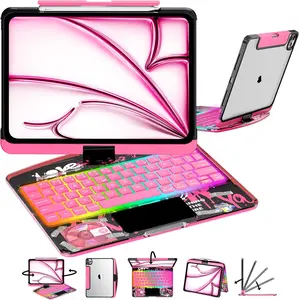 Transparent Y2K Pink 360°Rotatable Keyboard iPadCase for 2022 iPad 10th Gen 10.9-in & iPad 11th Gen 11-in.(A16, 2025),Clear Hard PC Back,Trackpad,Pencil Holder,7 Color Backlight Adjustable Durable