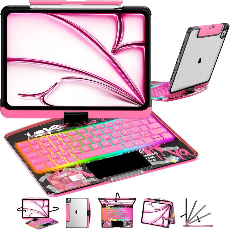 Transparent Y2K Pink 360°Rotatable Keyboard iPadCase for 2022 iPad 10th Gen 10.9-in & iPad 11th Gen 11-in.(A16, 2025),Clear Hard PC Back,Trackpad,Pencil Holder,7 Color Backlight Adjustable Durable