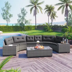 8-pieces Outdoor Wicker Round Sofa Set, Half-Moon Sectional Sets All Weather, Curved Sofa Set with Rectangular Coffee Table, PE Rattan, Movable Cushion, Gray