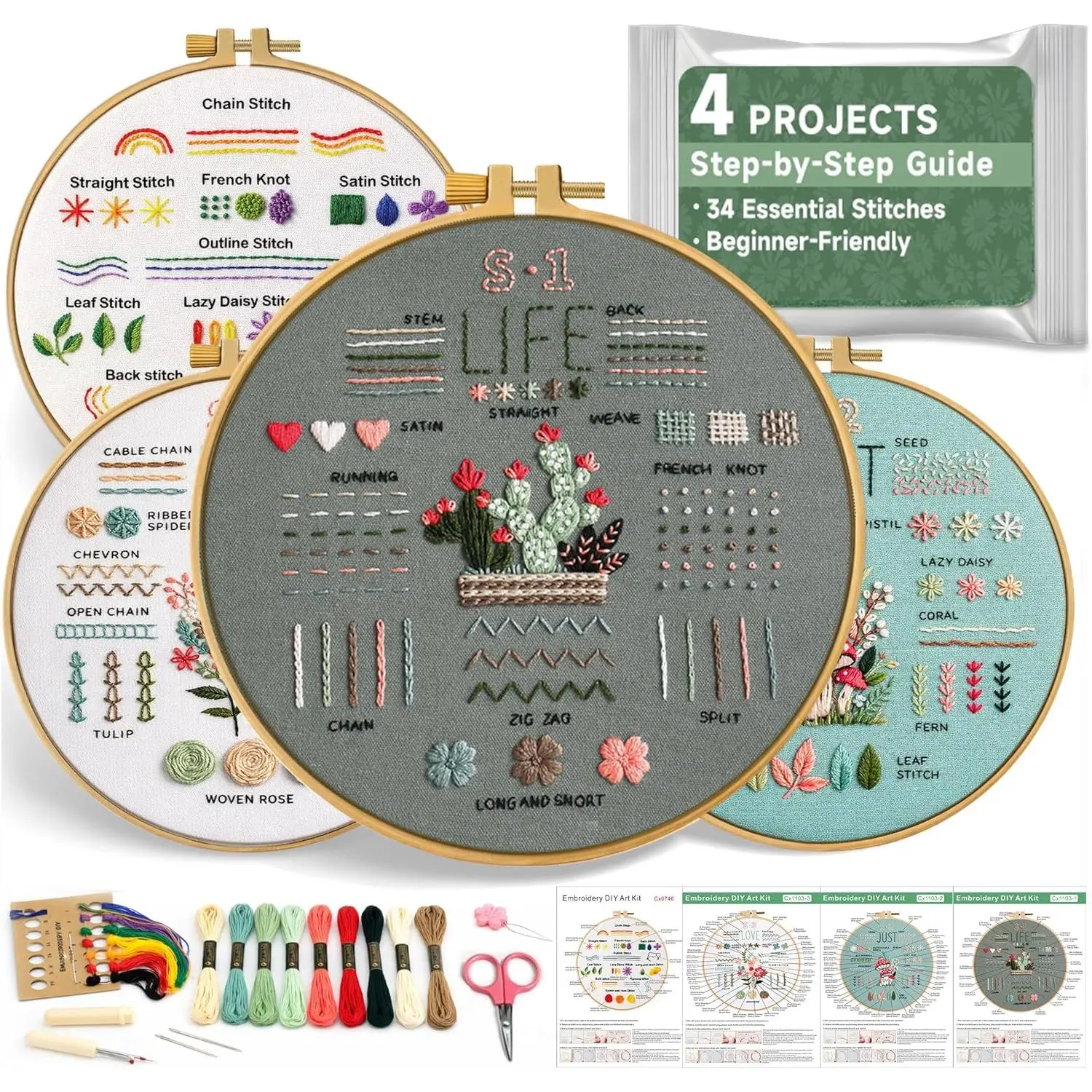 4 Pack Starter Embroidery Kit for Beginners - Stitch Practice Kit with Simple Patterns, 34 Essential Stitches, Step-by-Step Guide & Video Guides, Ideal for Adults & Teens, Great for Mother’s Day, Holidays, Birthdays, Synthetic