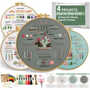 4 Pack Starter Embroidery Kit for Beginners - -in- Stitch Practice Kit with Simple Patterns, Learn 34 Embroidery Stitches with Step-by-Step Guide & Video, Craft  Adults & Teens