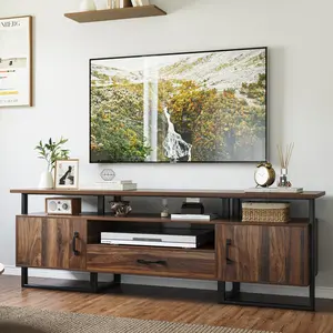 TV Stand for 75 Inch TV, Mid Century Modern Entertainment Center with Storage and Drawer, Industrial TV Console for Living Room, 70 Inch Media Console Cabinet for 65 to 70 Inch TV, Rustic Brown