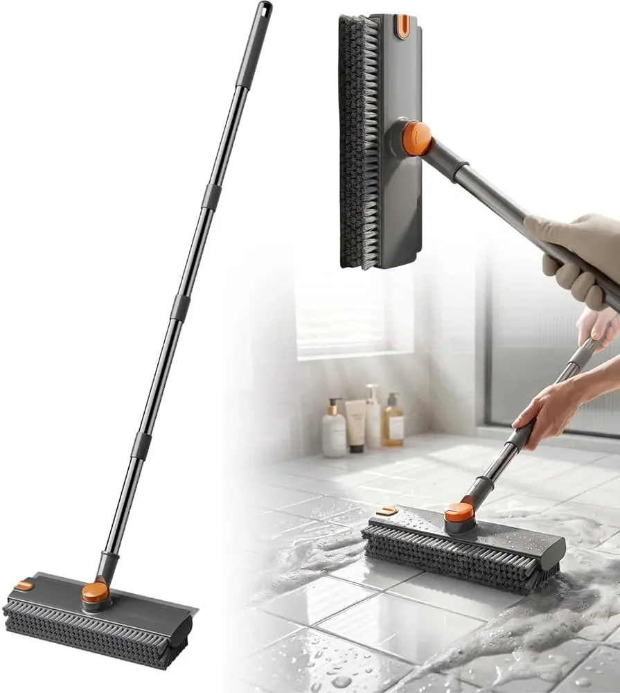 Multifunctional 4-in-1 Floor Cleaning Scrub Brush - 28 Inches Extendable Long Handle, Stiff Bristle, Rotatable, Dual Wet Dry, Squeegee & Scraping Tool, for Kitchen Tile, Shower Room, Garage Concrete Floors, Home Gift