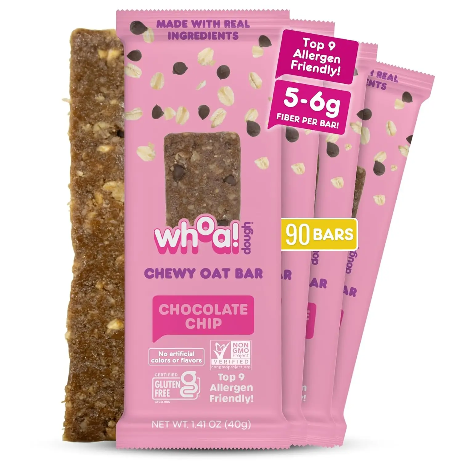 Whoa! Dough Top 9 Allergen Free Chewy Oat Bars - Chocolate Chip | (90) 1.41 oz Individually Wrapped Bars | 5g Fiber, Allergen Friendly, Gluten-Free & Plant-Based Granola Oat Bars