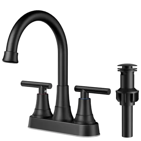 FORIOUS Lead-Free Deck Mount Bathroom Faucet Centerset - 3-Hole 4-in Center Double Handle Bathroom Sink Faucet with Drip-Free Ceramic Valves, Pop-Up Drain, Rust-Resist Hoses for Basins, Vanities (Home Decor Essential)